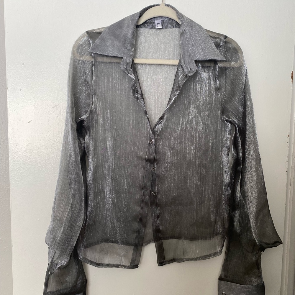 Sheer Metallic Button-Up Blouse